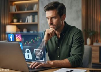 लॅपटॉपवर काम करणारा माणूस आणि डिजिटल मालमत्ता सुरक्षा