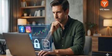 लॅपटॉपवर काम करणारा माणूस आणि डिजिटल मालमत्ता सुरक्षा