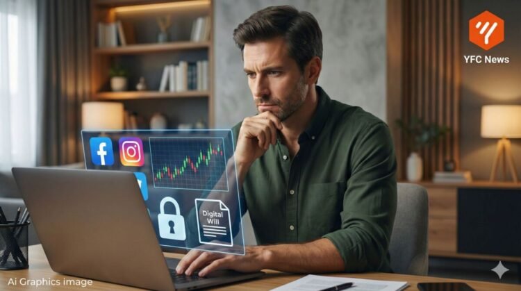 लॅपटॉपवर काम करणारा माणूस आणि डिजिटल मालमत्ता सुरक्षा