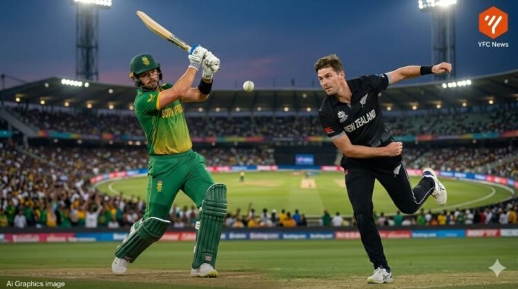 न्यूझीलंड विरुद्ध दक्षिण आफ्रिका क्रिकेट सामन्यातील खेळाडूंचे छायाचित्र