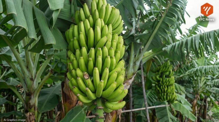 केळीच्या बागेत चिंतेत असलेला शेतकरी आणि थांबलेली तोडणी